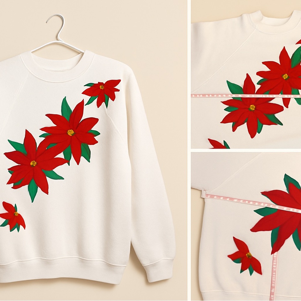 Vintage Handmade Poinsettia Christmas Sweatshirt White Red Green Appliqué XL